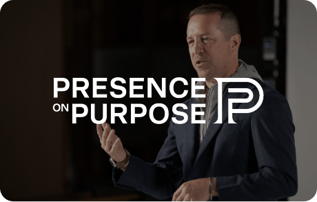 Presence on Purpose logo over an image of Josh Rathweg speaking on stage